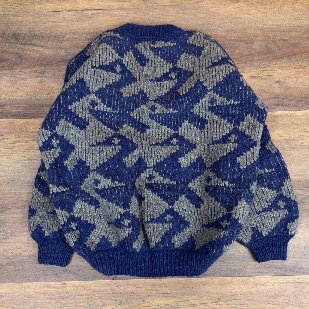 Vintage Fabu's Sweaters Navy Grey Abstract Geometric Hand‎ Made Ecuador 90s XL